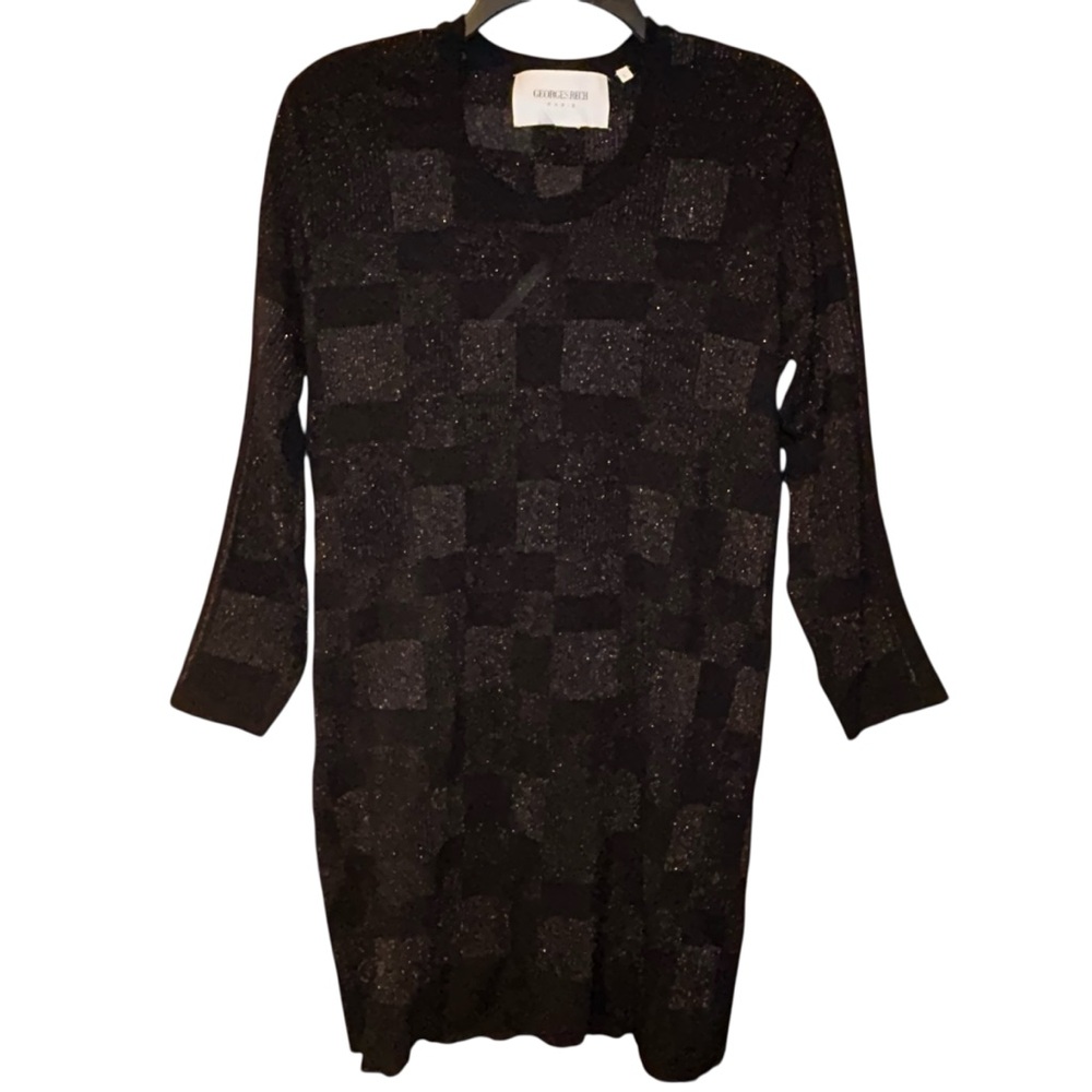 Georges‎ Rech Paris Black Metallic Check Sweater Dress Knit Shift Large Glam